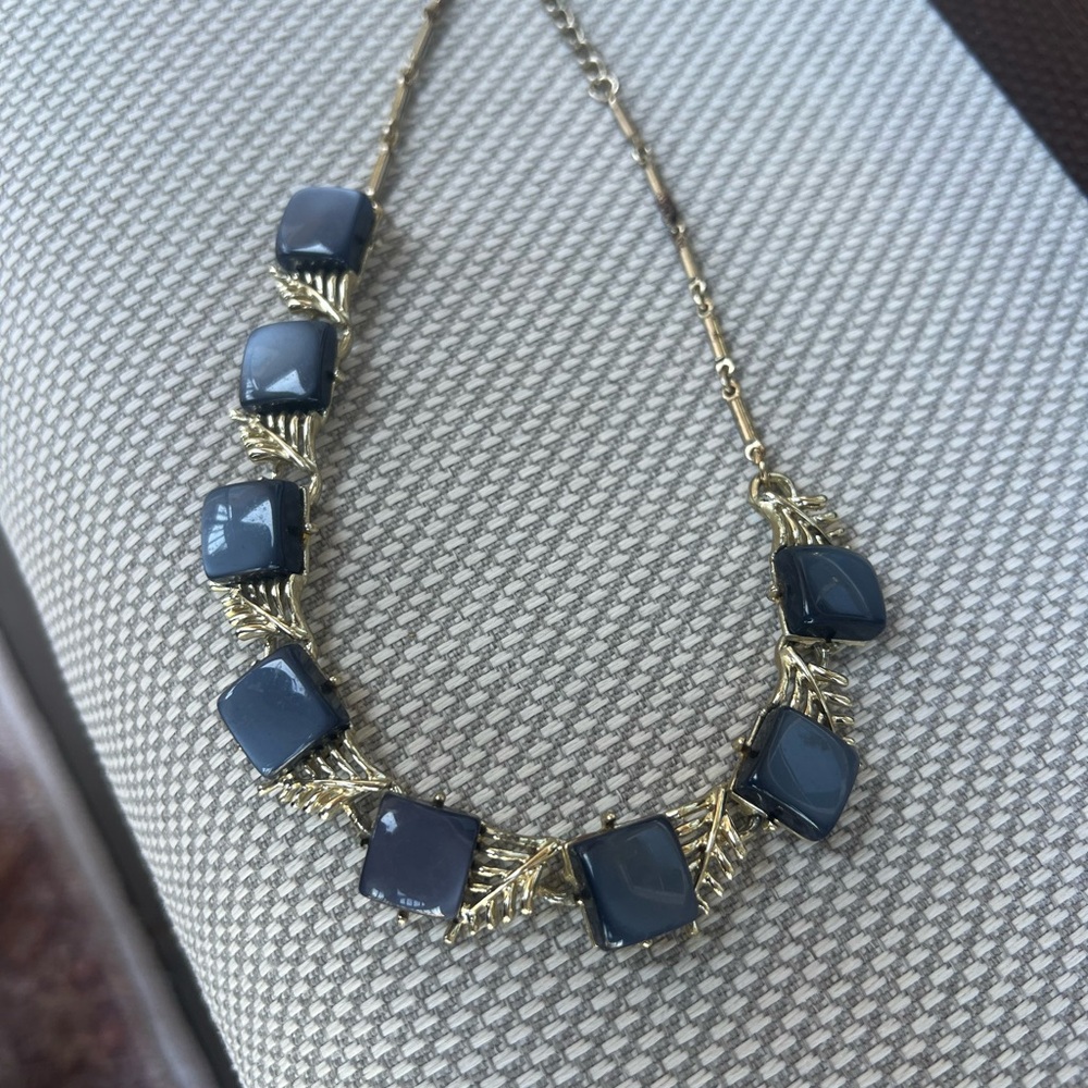 Gold-Tone Necklace with Navy Square Stones - Women's Jewelry